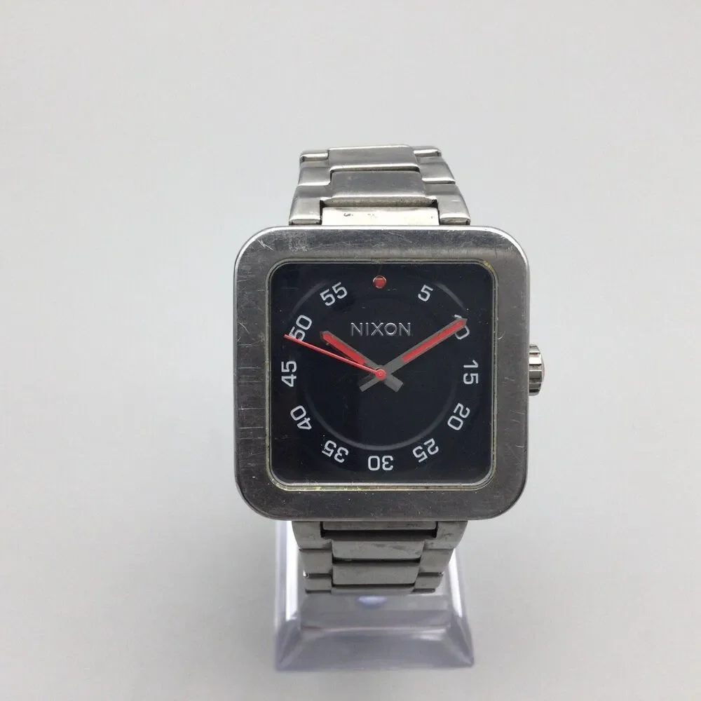 Nixon Riot Watch Men 36mm Silver Tone Throw Down Black Dial New Battery 6.5" - Picture 2 of 15